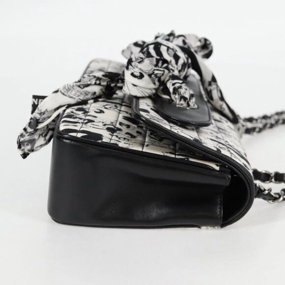 CHANEL Chain COCO Mark Choco Bar Shoulder Bag Satin Black White CC Auth 128055V - Picture 5 of 14